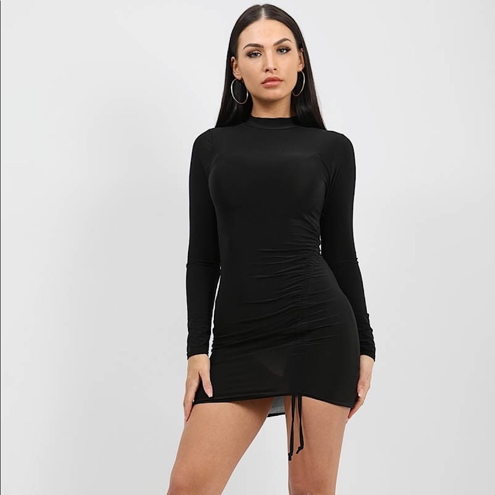 Black Ruched Drawstring Dress